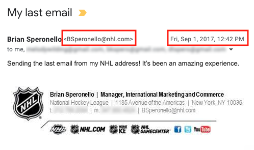 Screenshot of the last email I sent from my NHL work address to myself and my family