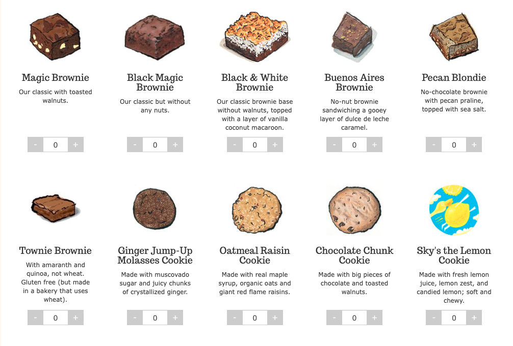 Screenshot of Zingerman's site showing baked goods like magic brownie, black & white brownie, oatmeal raisin cookie, and chocolate chunk cookie, for freelance client gifts.
